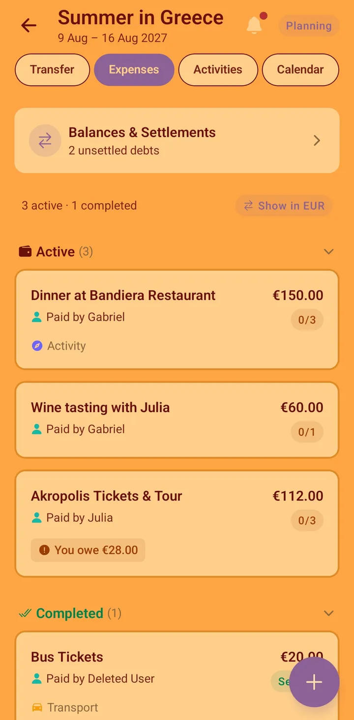Vacationist expenses screen showing shared trip costs with categories and running balances
