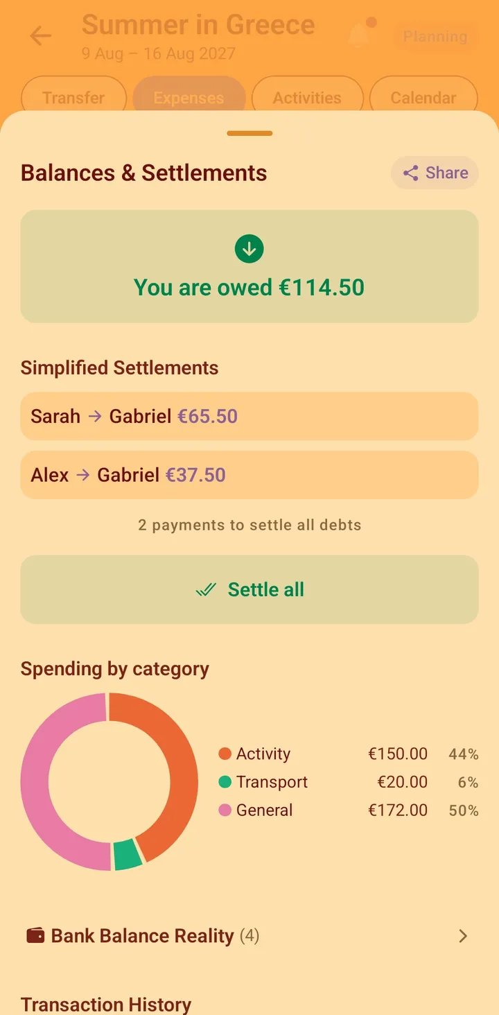Vacationist settle-up screen showing who owes whom at the end of a group trip