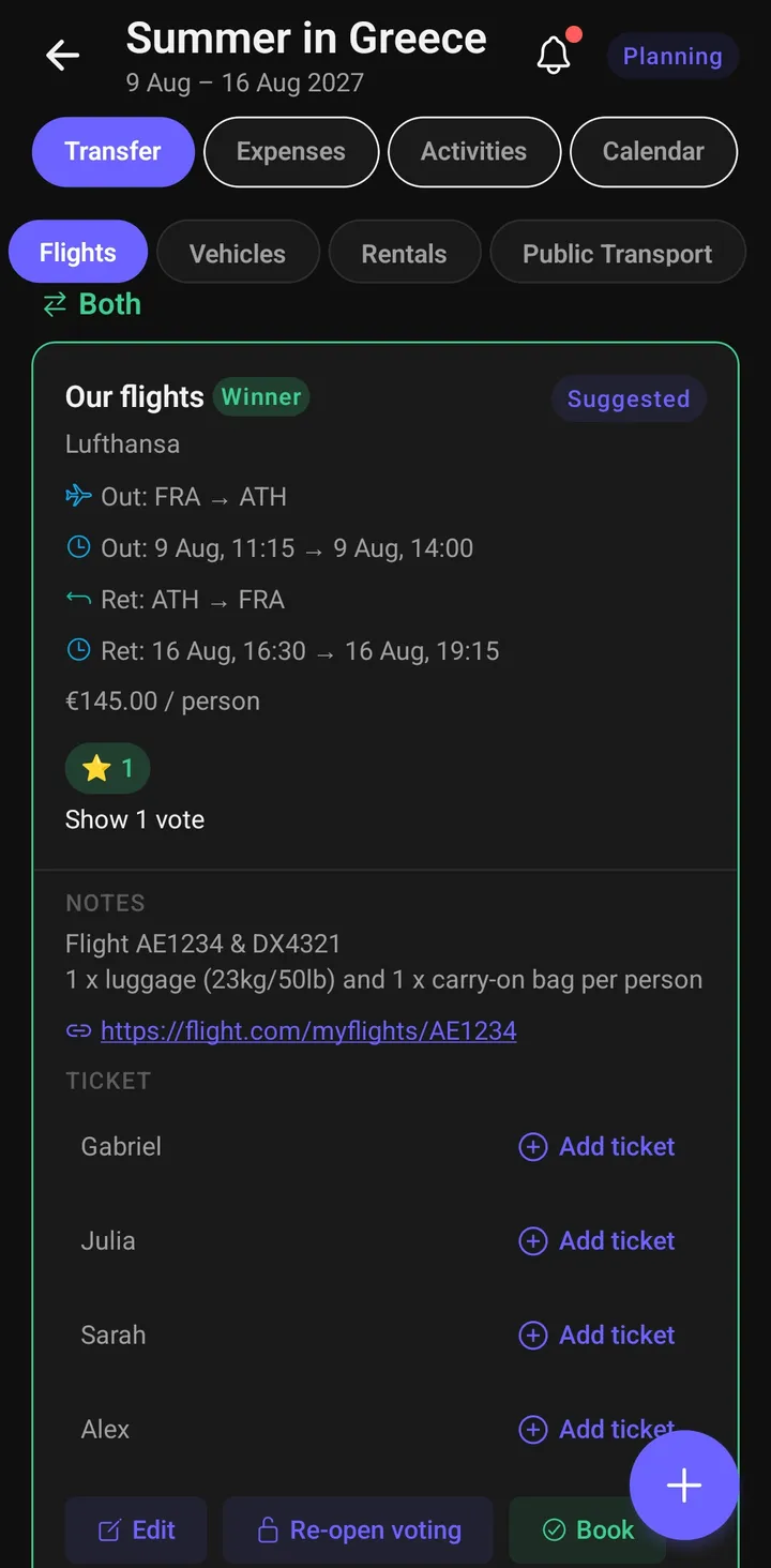 Vacationist flights screen showing group flight options with votes and assigned passengers